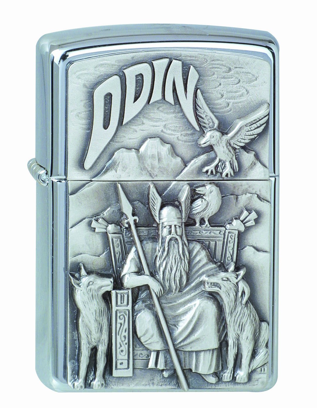 Vue de face briquet Zippo chromé Odin père des dieux trônant