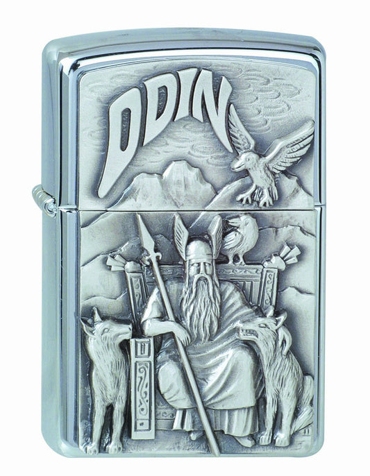 Vue de face briquet Zippo chromé Odin père des dieux trônant