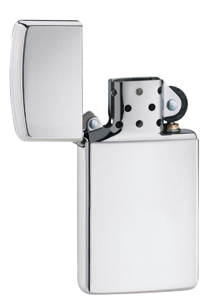 Vue de face briquet Zippo Slim Chrome High Polished, ouvert