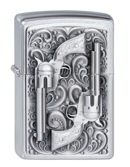 Vue de face 3/4 briquet Zippo chromé emblème deux revolvers