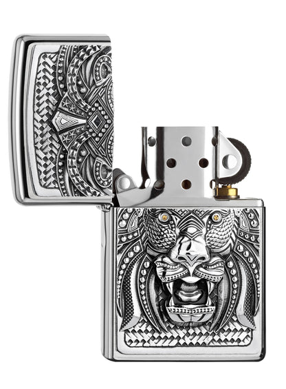 Briquet Zippo emblème lion avec crinière sauvage, ouvert