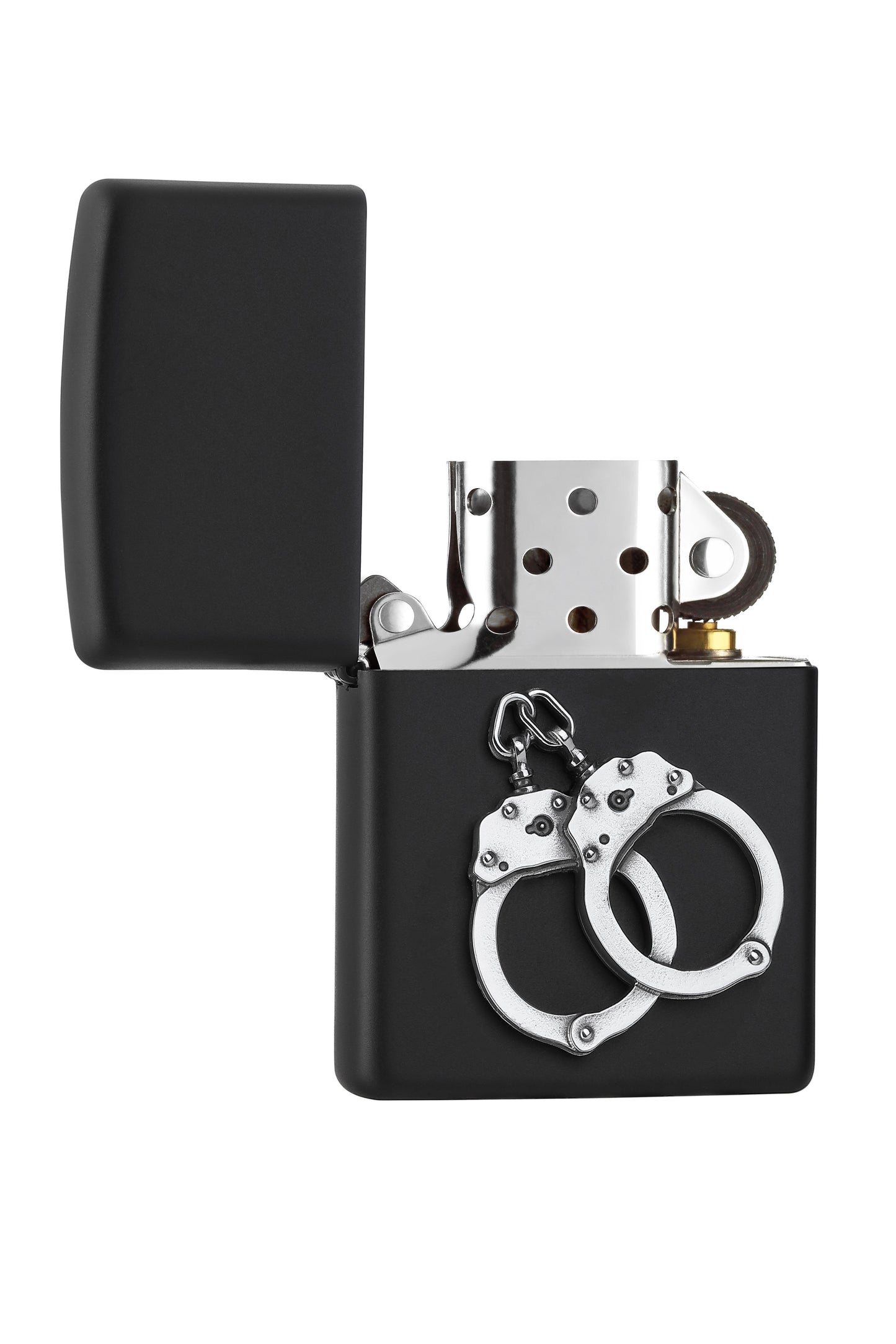 Vue de face briquet Zippo noir mat avec Men,ottes argentées