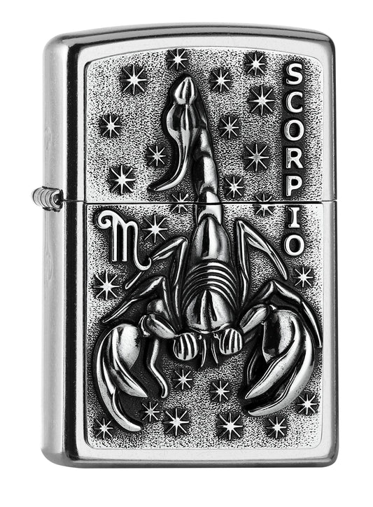 Vue de face 3/4 briquet Zippo signe du zodiaque emblème Scorpion