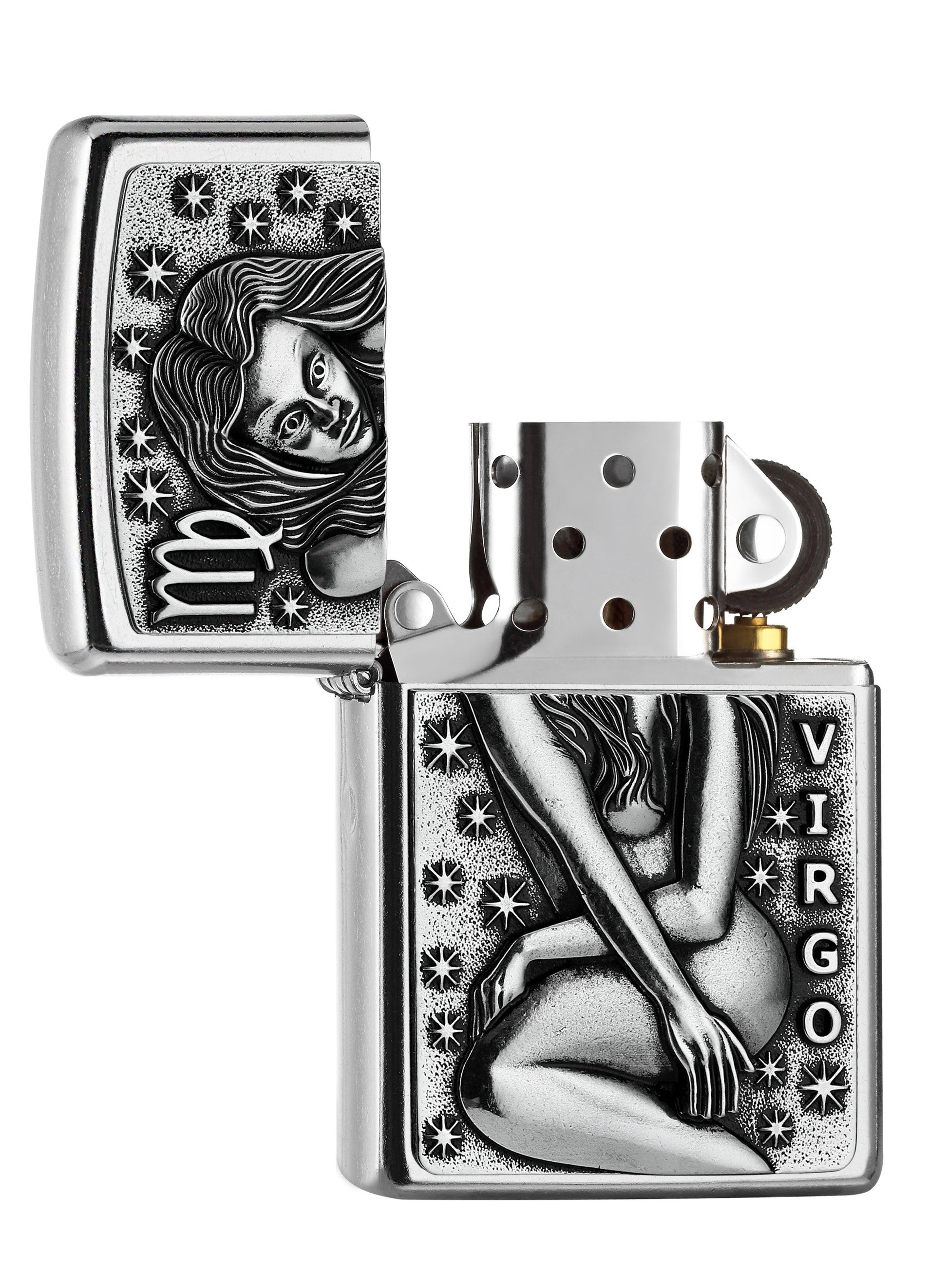 Briquet Zippo signe du zodiaque emblème Vierge, ouvert