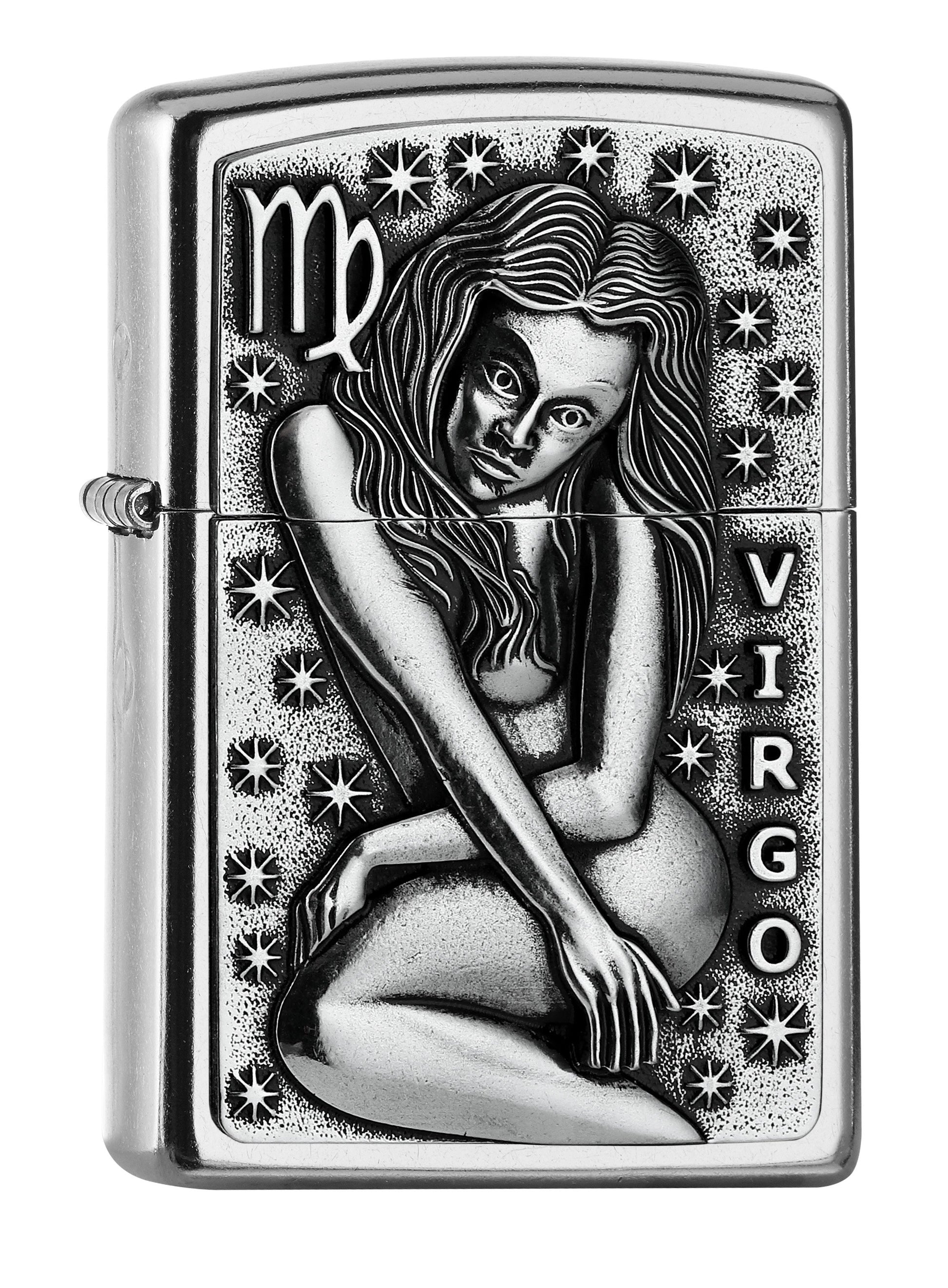 Vue de face 3/4 briquet Zippo signe du zodiaque emblème Vierge