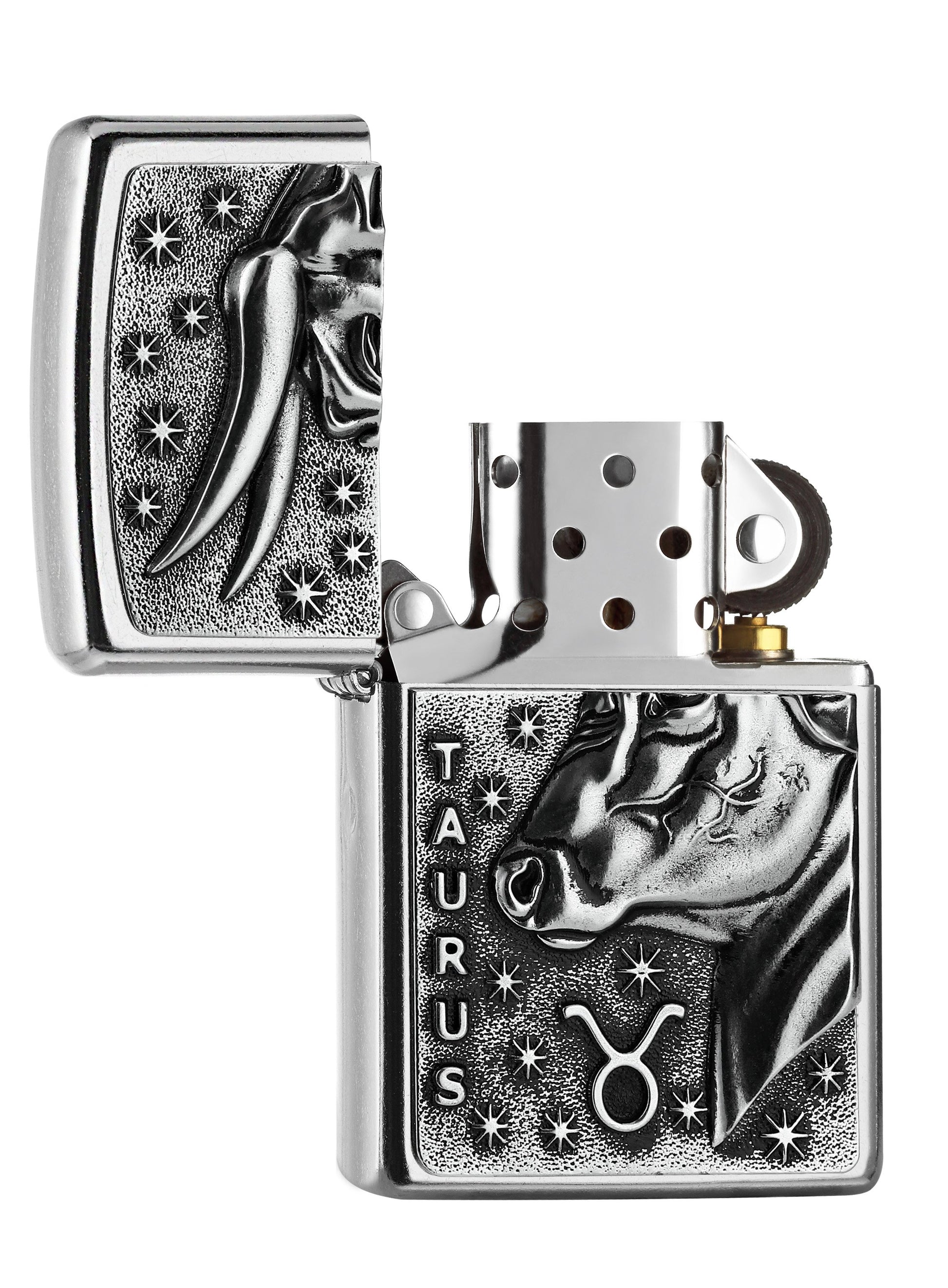 Vue de face briquet Zippo Street Chrome signe du zodiaque emblème Taureau avec lettrage Taurus, ouvert