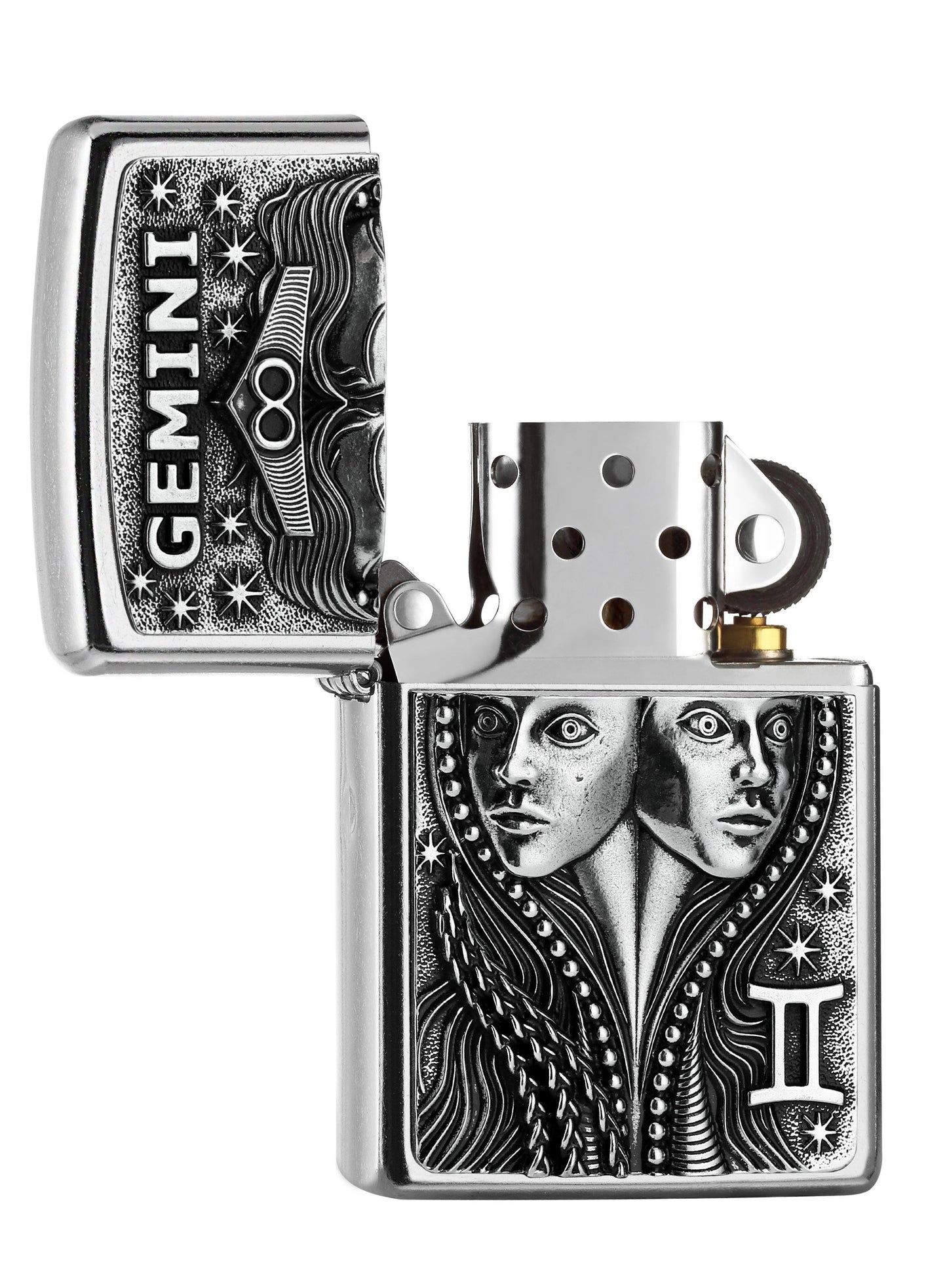  Briquet Zippo signe du zodiaque emblème Gémeaux, ouvert