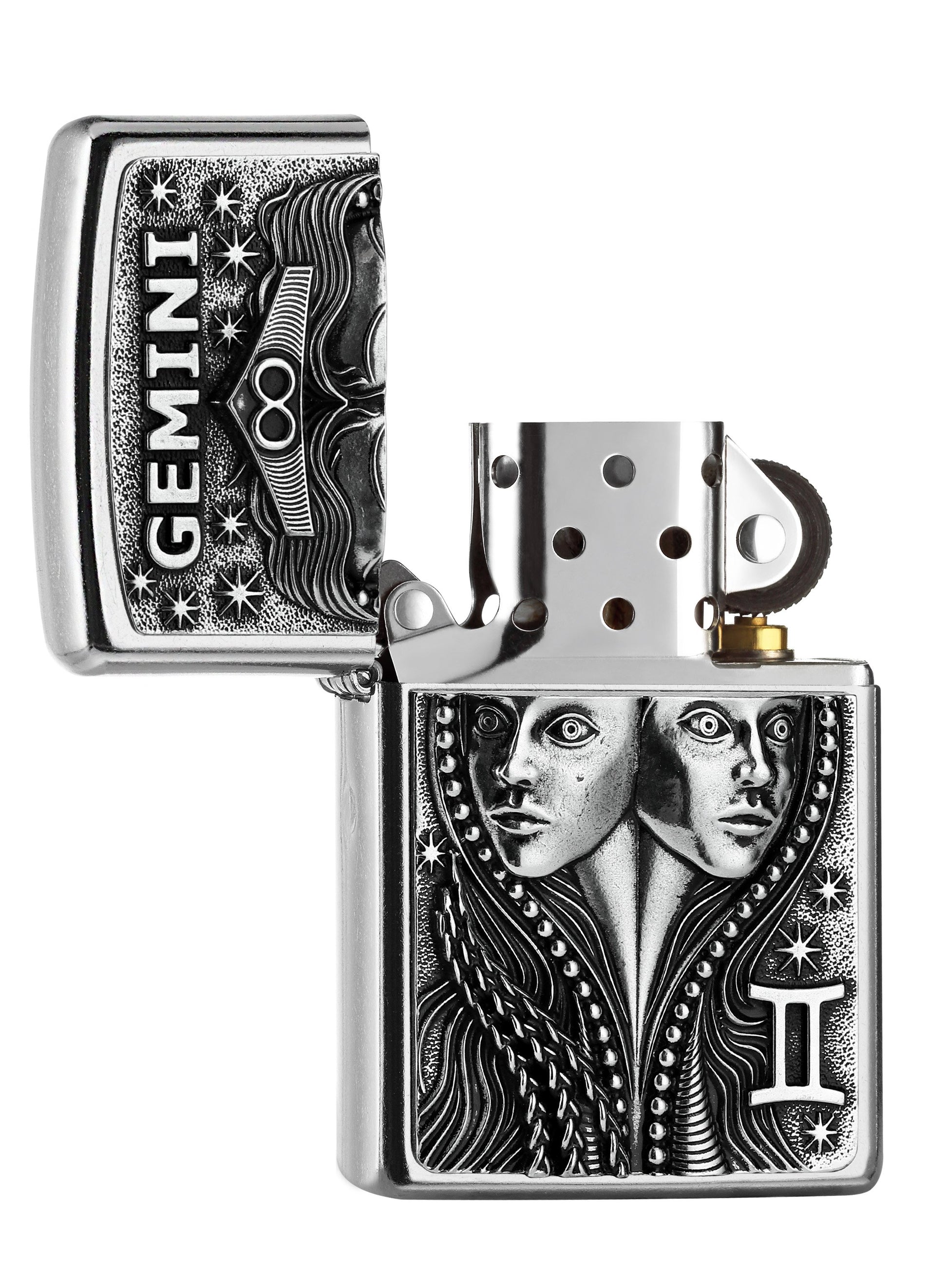  Briquet Zippo signe du zodiaque emblème Gémeaux, ouvert