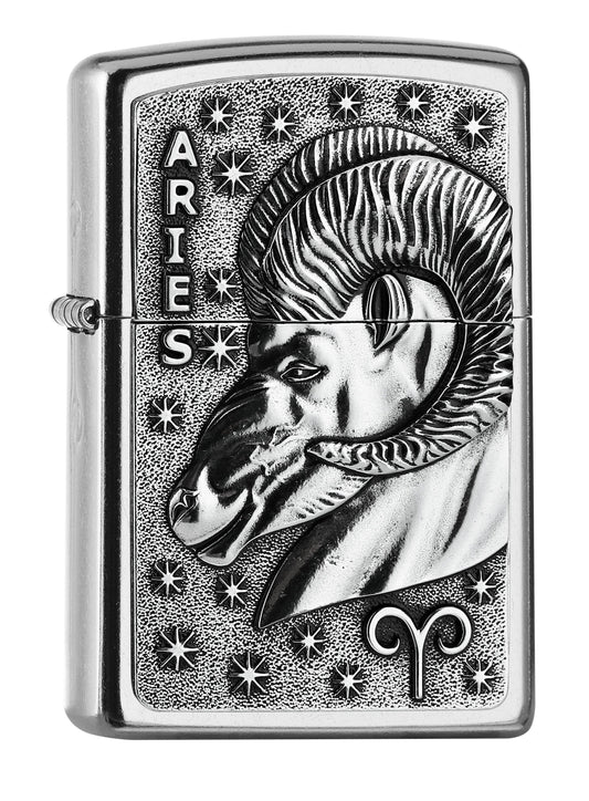 Vue de face 3/4 briquet Zippo signe du zodiaque emblème Bélier