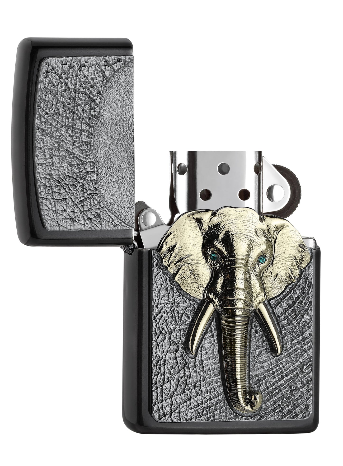 Briquet Zippo tête d'éléphant dorée avec des yeux verts en éléMen,ts Swarovski, ouvert