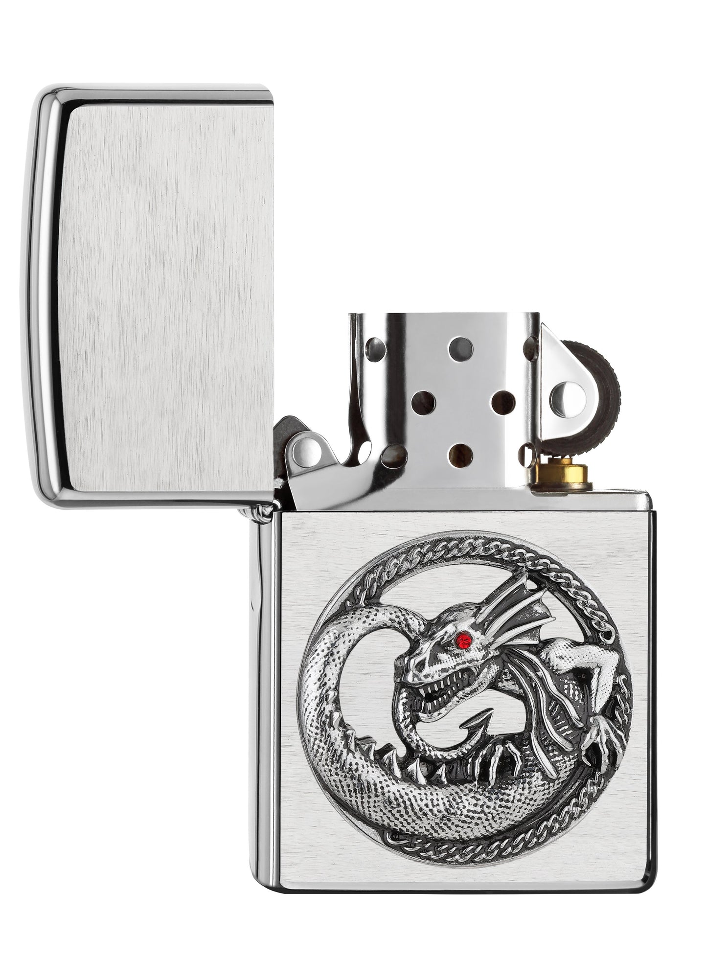 Briquet Zippo chrome brossé emblème petit dragon aux yeux rouges, ouvert