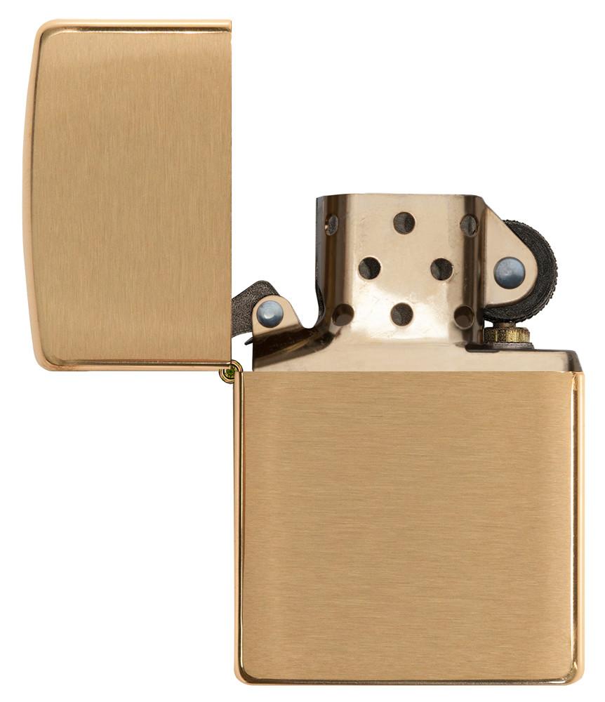 Vue de face briquet Zippo Brass Brushed modèle de base, ouvert