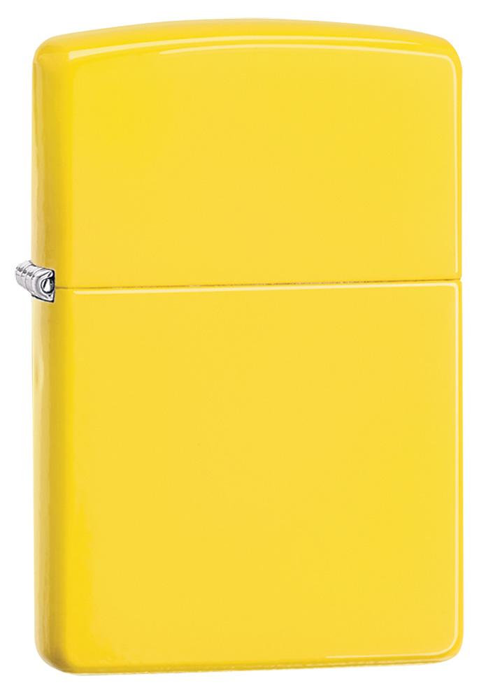 Vue de face 3/4 briquet Zippo modèle de base jaune citron