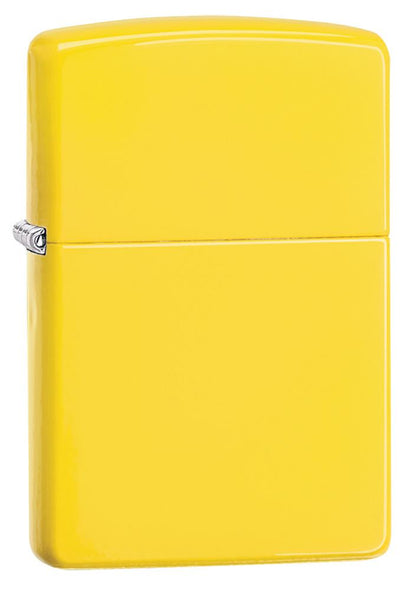 Vue de face 3/4 briquet Zippo modèle de base jaune citron