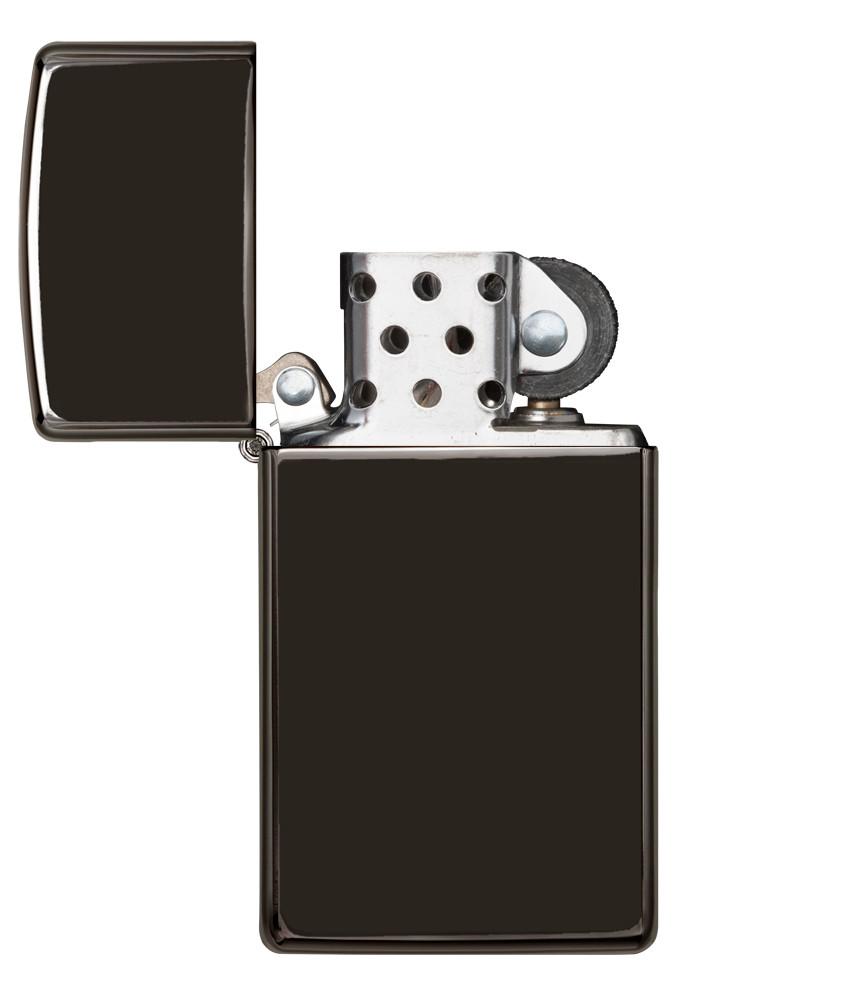 Briquet Zippo Slim High Polish Chrome modèle de base noir, ouvert