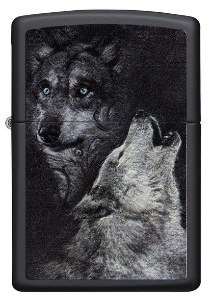 Vue de face briquet Zippo noir avec deux loups dont un hurlant