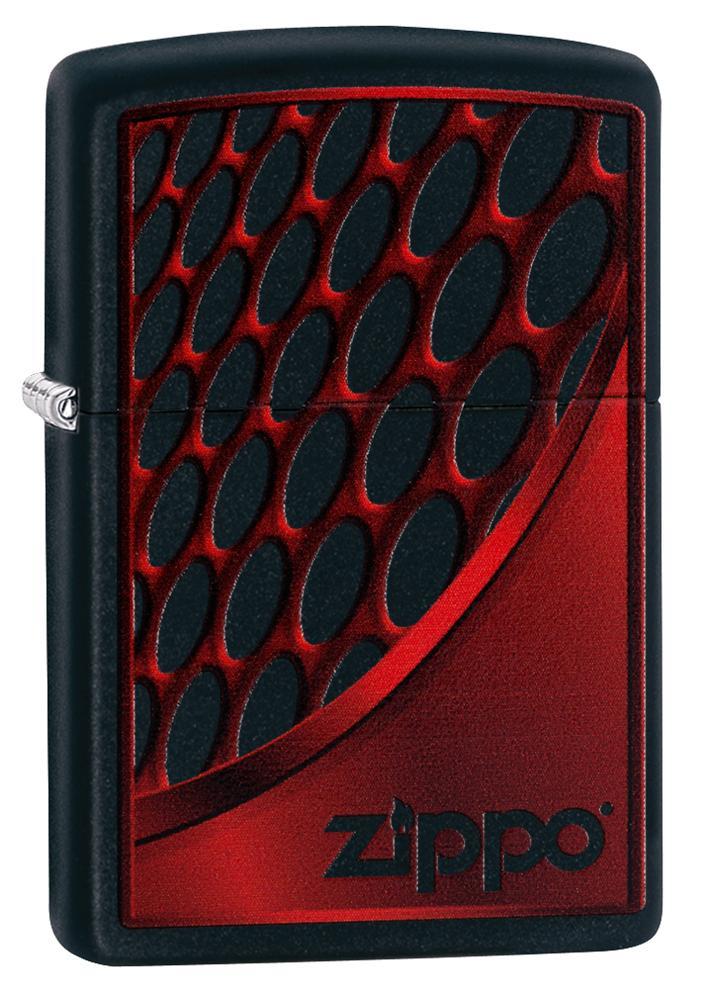 Vue de face 3/4 briquet Zippo noir logo Zippo sur fond rouge et noir