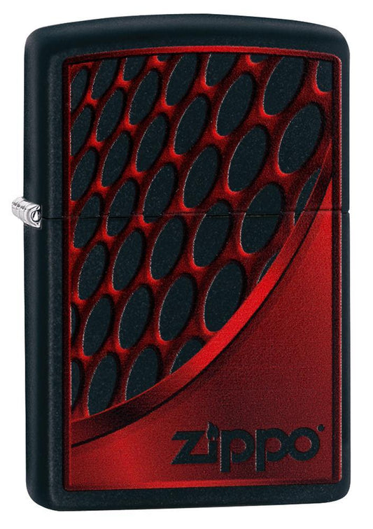 Vue de face 3/4 briquet Zippo noir logo Zippo sur fond rouge et noir