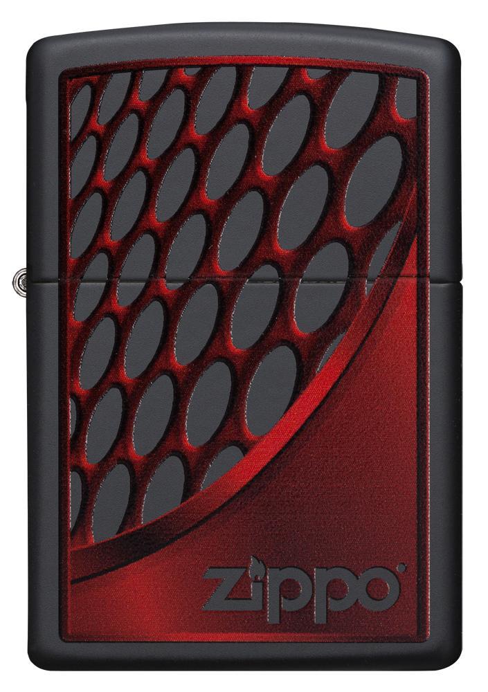 Vue de face briquet Zippo noir logo Zippo sur fond rouge et noir