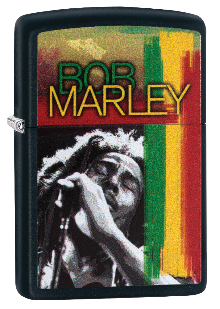 Vista de tres cuartos del mechero a prueba de viento Zippo Bob Marley