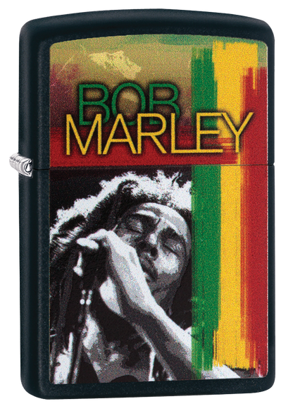 Vista de tres cuartos del mechero a prueba de viento Zippo Bob Marley