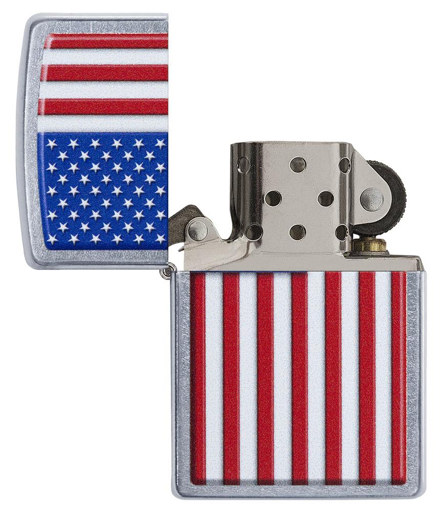 Briquet Zippo chromé avec drapeau américain, ouvert