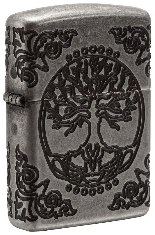 Vue de face 3/4 briquet Zippo chrome antique arbre de vie avec des volutes profondéMen,t gravées