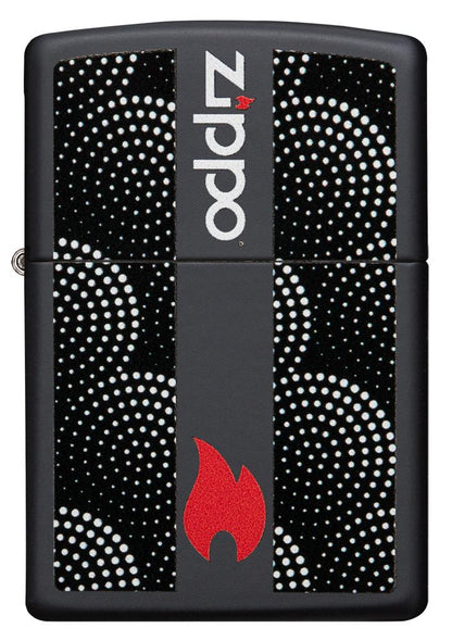 Vue de face briquet Zippo noir logo avec flamme entourée de cercles en pointillés