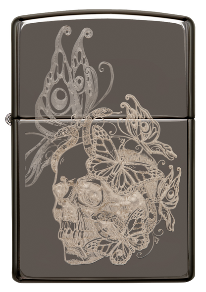 Vista frontal del mechero a prueba de viento Zippo Skull Butterfly Design