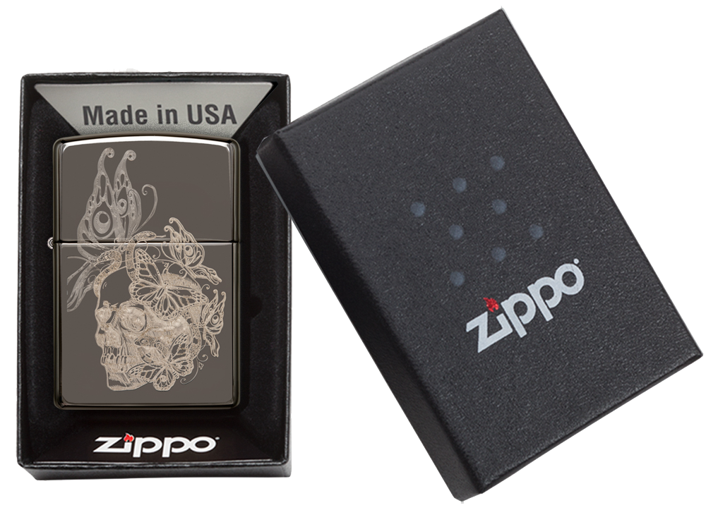 Mechero a prueba de viento Zippo Skull Butterfly Design en su caja de regalo