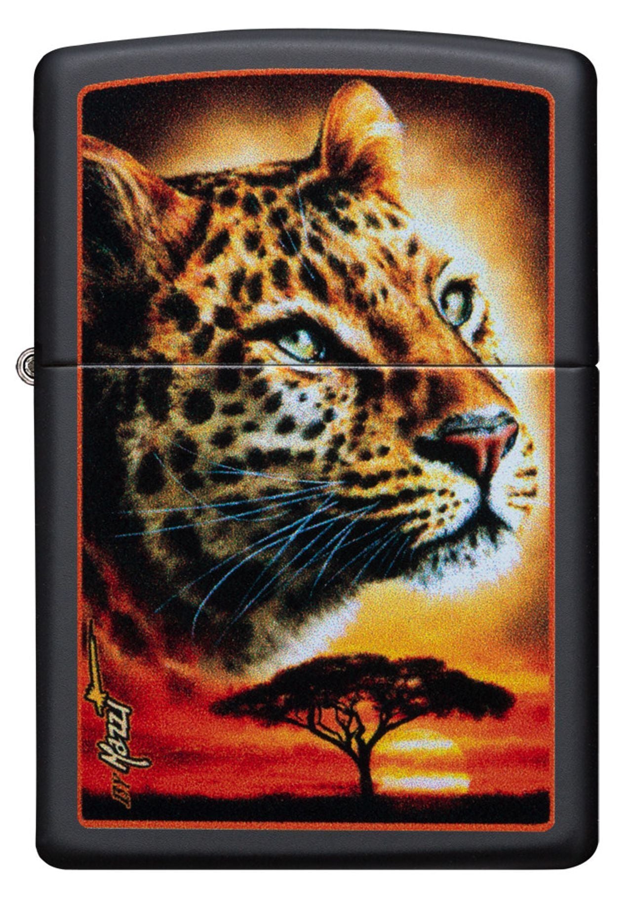 Vue de face briquet Zippo noir avec steppe et tête de léopard au premier plan