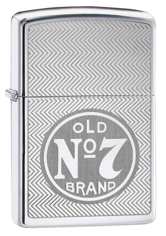 Vue de face 3/4 briquet Zippo chromé avec logo Jack Daniel's Old No 7