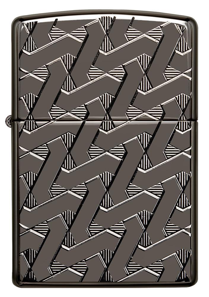 Vue de face briquet Zippo gris brillant avec des lignes en zigzag entremêlées