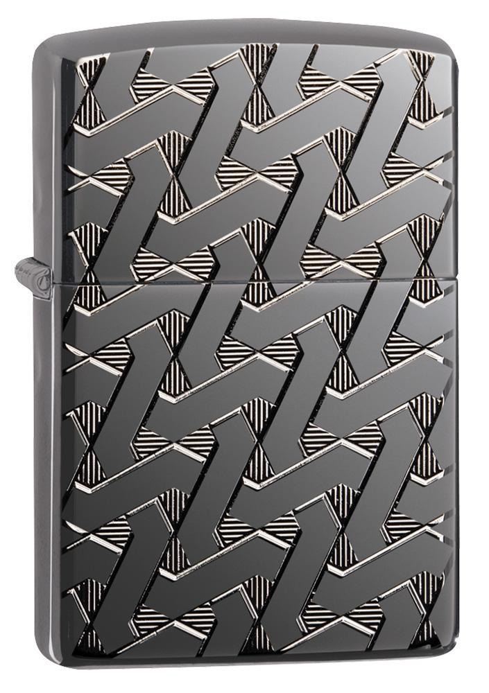 Vue de face 3/4 briquet Zippo gris brillant avec des lignes en zigzag entremêlées